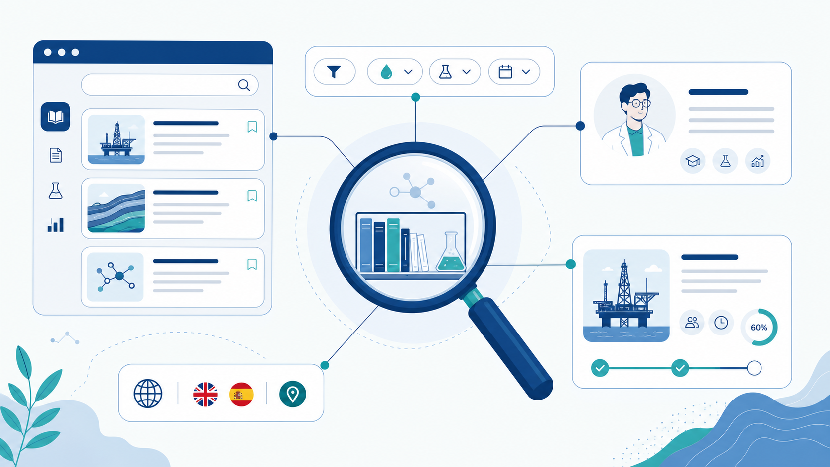 Biblioteca digital com publicações, pesquisadores, projetos e filtros de busca científica