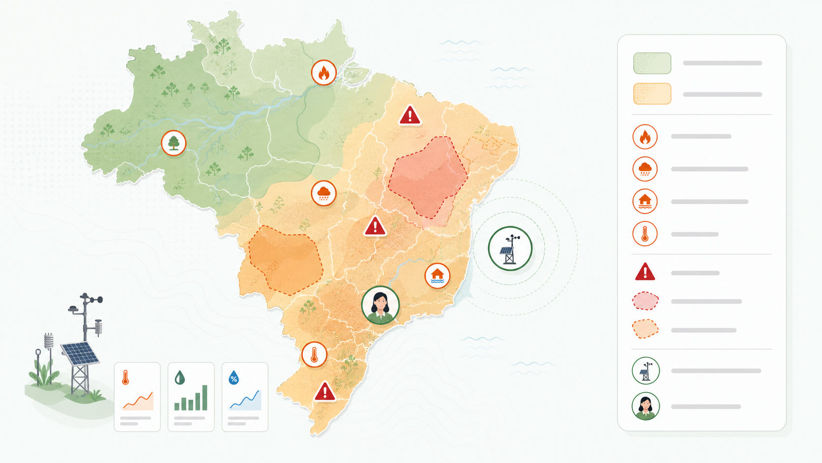 Mapa estilizado com camadas territoriais, áreas de risco, alertas e indicadores climáticos