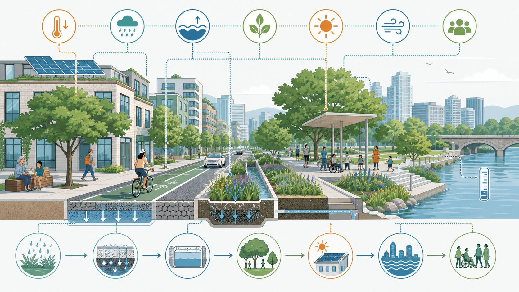 Cidade resiliente com infraestrutura verde e monitoramento climático