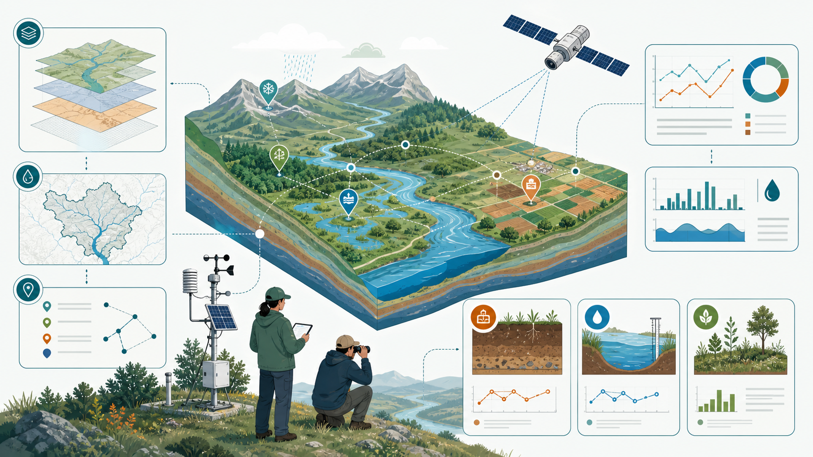 Paisagem monitorada com camadas territoriais, estação climática e satélite